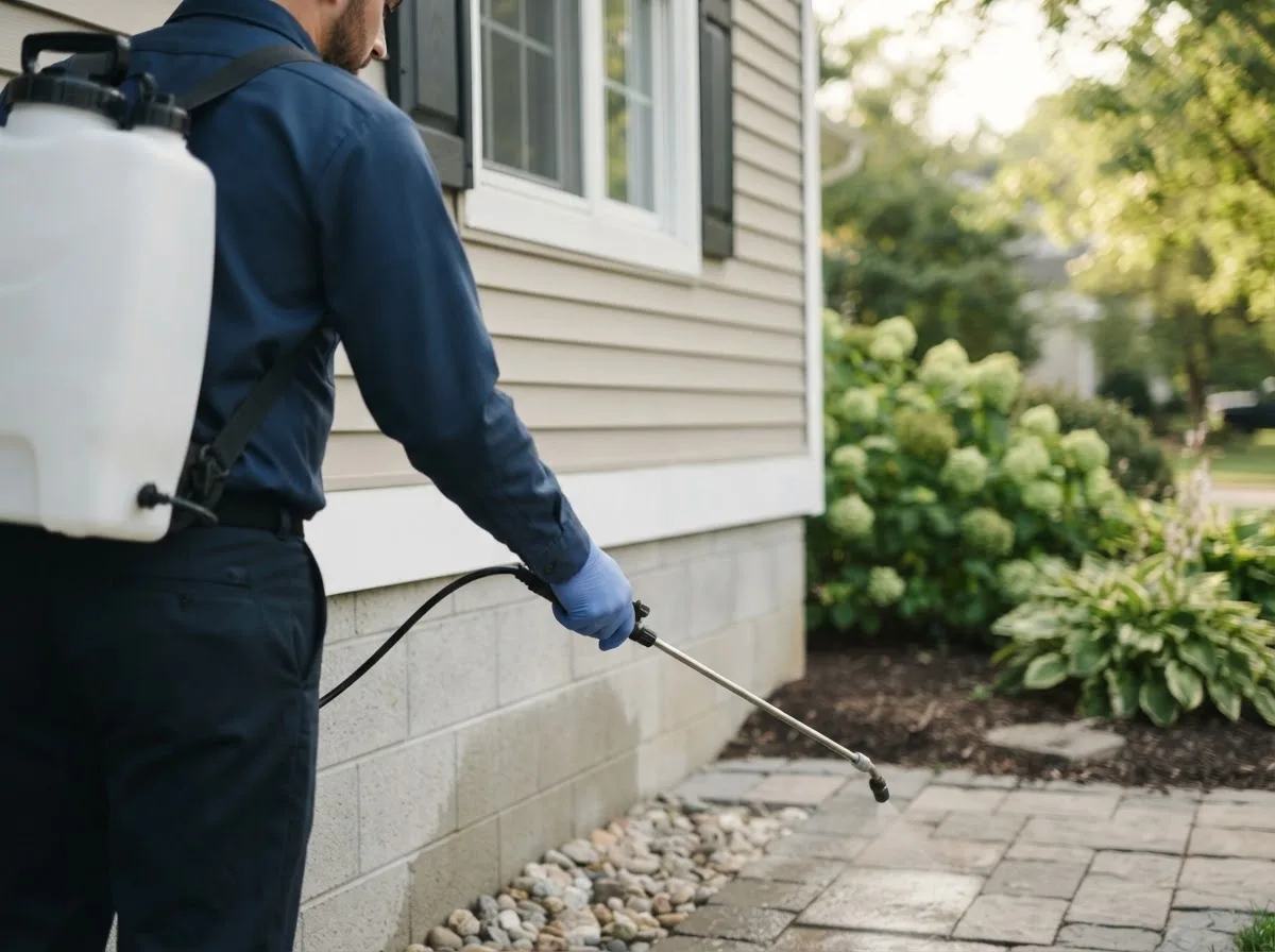 Pest control technician inspecting a home in Hooven, OH